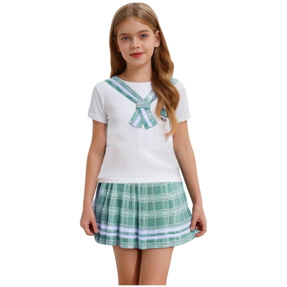 Haitryli Kids Girls Japanese Sailor Anime JK School Uniform Outfit Short Sleeve T Shirt with Plaid Skirt Set Green 13-14