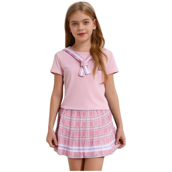 Haitryli Kids Girls Japanese Sailor Anime JK School Uniform Outfit Short Sleeve T Shirt with Plaid Skirt Set Pink 5-6
