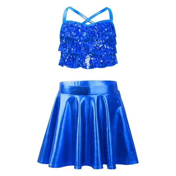 Haitryli Kids Girls Jazz Dance Clothes Set Sequins Cross Back Crop Top with Metallic Skirt for Performance Blue 6