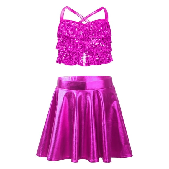 Haitryli Kids Girls Jazz Dance Clothes Set Sequins Cross Back Crop Top with Metallic Skirt for Performance Hot Pink 12