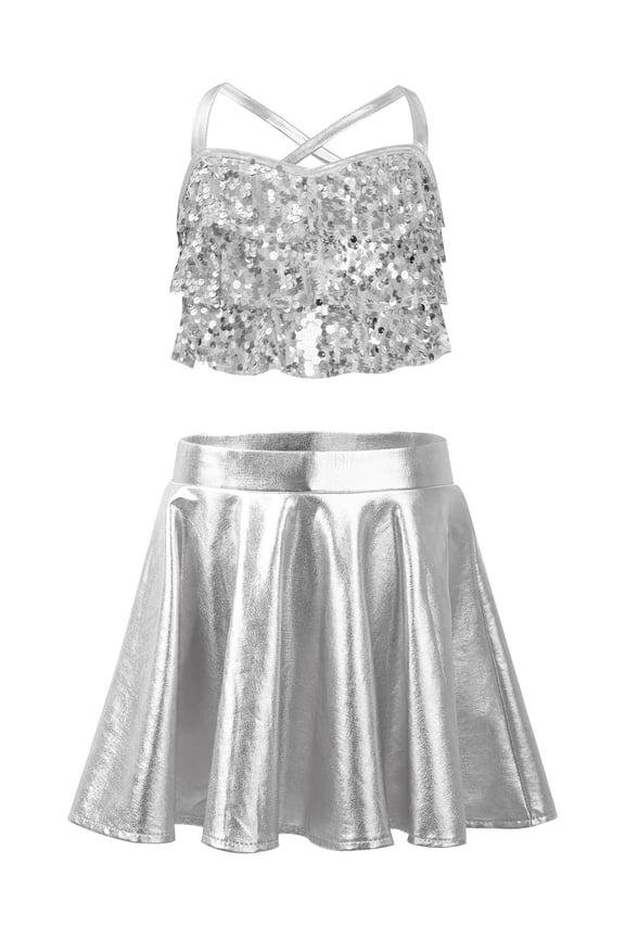 Kids Girls Jazz Dance Clothes Set Sequins Cross Back Crop Top with Metallic Skirt for Performance Silver 6