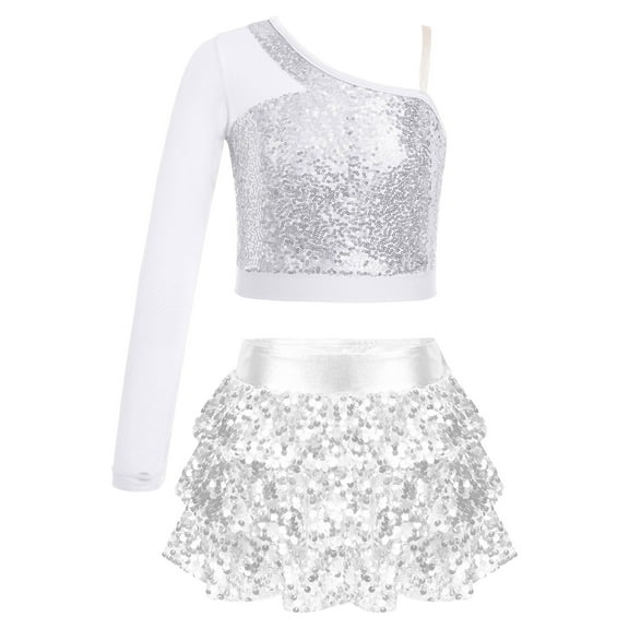 Haitryli Kids Girls 2 Piece Sequin Crop Top with Tiered Skirts Dance Outfits for Hip Hop Jazz Cheer Performance Silver 14