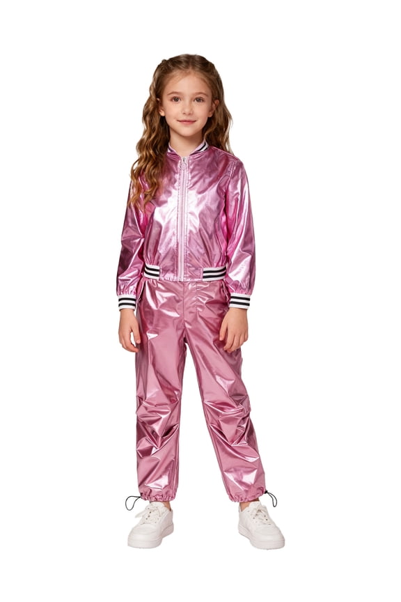 Kids Girls Jazz Hip Hop Dance Outfit Metallic Long Sleeve Bomber Jacket And Pants Set Disco Party Dancewear Pink 6