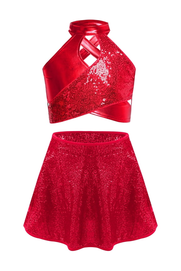 Kids Girls Jazz Hip Hop Dance Outfits Cheerleading Glittery Crop Tops with Metallic Skirt Set Red 8