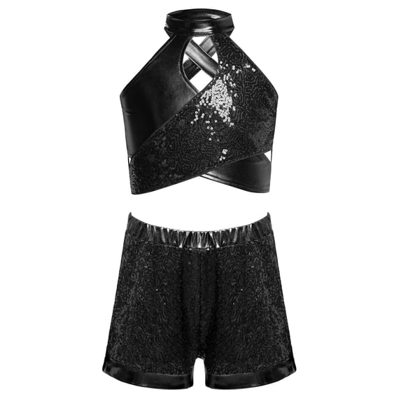 Haitryli Kids Girls Jazz Latin Hip Hop Dance Outfit Halter Neck Sequins Sleeveless Ballet Dance Crop Top with Yoga Shorts Set Black 6