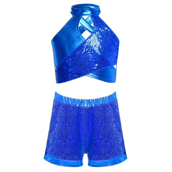 Haitryli Kids Girls Jazz Latin Hip Hop Dance Outfit Halter Neck Sequins Sleeveless Ballet Dance Crop Top with Yoga Shorts Set Blue 6