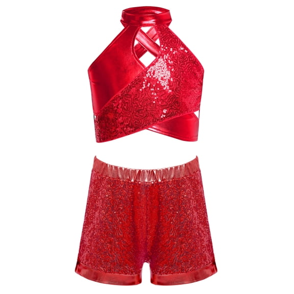 Haitryli Kids Girls Jazz Latin Hip Hop Dance Outfit Halter Neck Sequins Sleeveless Ballet Dance Crop Top with Yoga Shorts Set Red 6