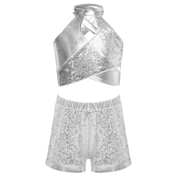 Haitryli Kids Girls Jazz Latin Hip Hop Dance Outfit Halter Neck Sequins Sleeveless Ballet Dance Crop Top with Yoga Shorts Set Silver 6