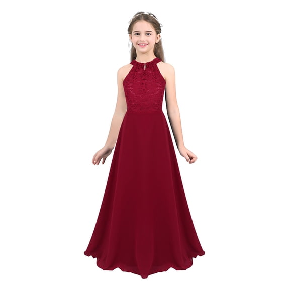 Haitryli Kids Girls Lace Party Long Dress Halter Evening Pageant Wedding Bridesmaid Dress Prom Gown Burgundy 16
