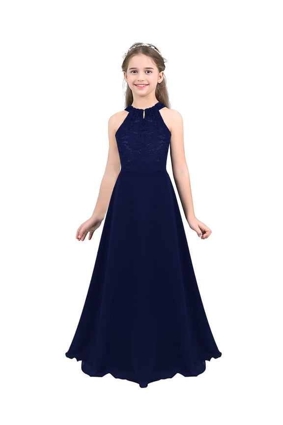 Kids Girls Lace Party Long Dress Halter Evening Pageant Wedding Bridesmaid Dress Prom Gown Navy Blue 16