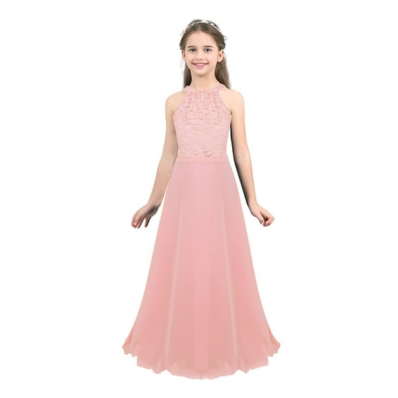 Haitryli Kids Girls Lace Party Long Dress Halter Evening Pageant Wedding Bridesmaid Dress Prom Gown Pink 6