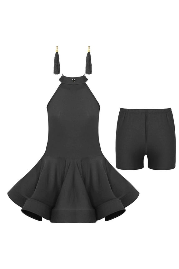 Kids Girls Latin Dance Dress Ballet Samba Rumba Tango Dance Stage Performance Costume Black 11-12