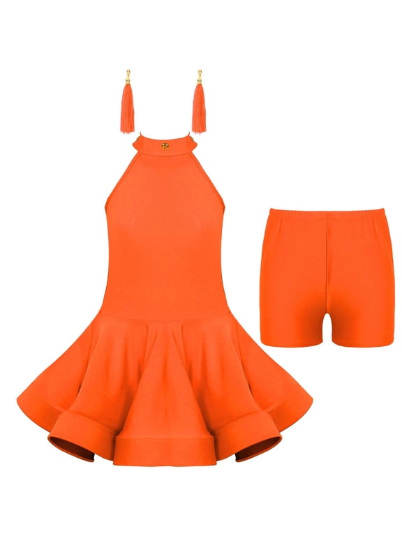 Kids Girls Latin Dance Dress Ballet Samba Rumba Tango Dance Stage Performance Costume Orange 7-8