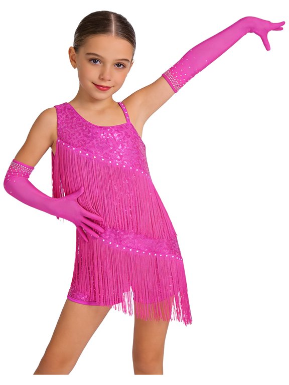 Kids Girls Latin Dance Dress Sequin Fringe Bodysuit Tassel Ballroom Samba Tango Dance Outfit With Gloves Hot Pink 10