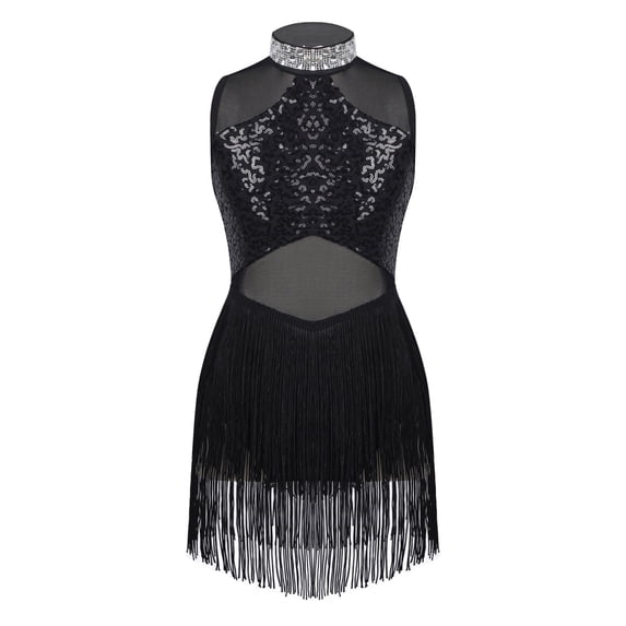 Haitryli Kids Girls Latin Dance Dress Sleeveless Sequin Tassel Jazz Tango Salsa Ballroom Dancewear Black 14