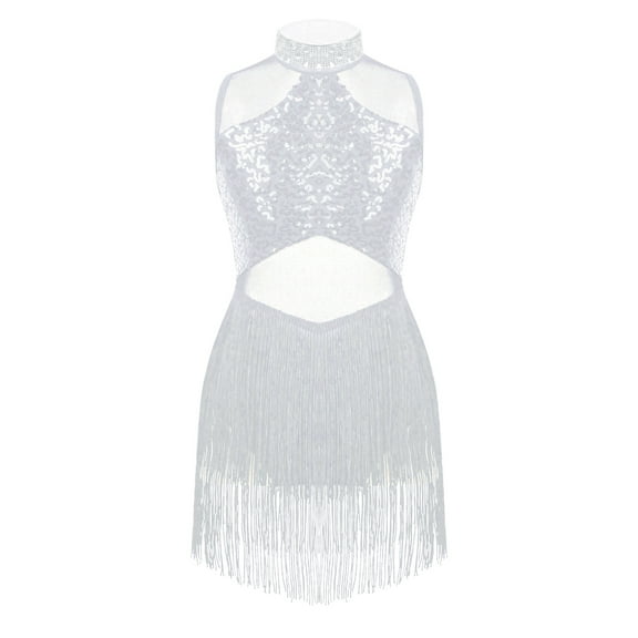 Haitryli Kids Girls Latin Dance Dress Sleeveless Sequin Tassel Jazz Tango Salsa Ballroom Dancewear White 12