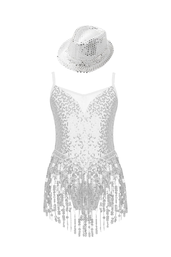 Kids Girls Latin Jazz Ballet Dance Dress with Hat Disco Party Ballroom Performance Competition Dancewear Silver 8