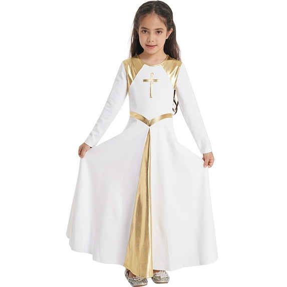 Haitryli Kids Girls Liturgical Praise Dance Dress Long Sleeve Full Length Worship Lyrical Dancewear White 10