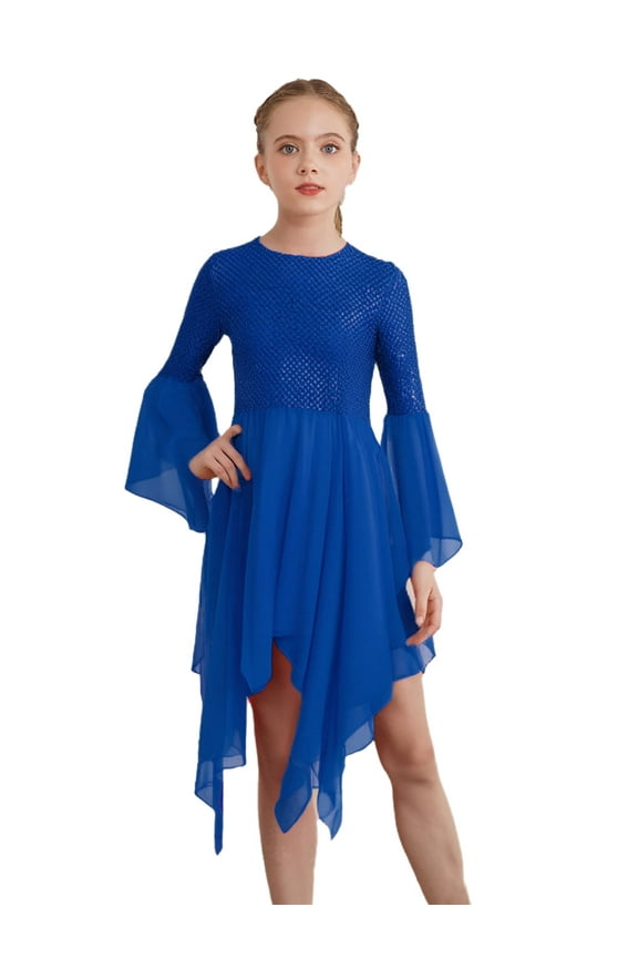 Kids Girls Liturgical Praise Dance Top Sequins Chiffon Irregular Hem Worship Overlays Tunics Blue 8