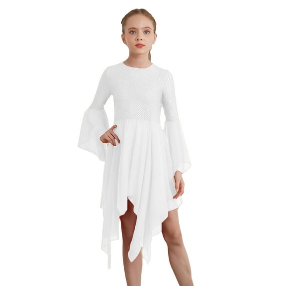 Haitryli Kids Girls Liturgical Praise Dance Top Sequins Chiffon Irregular Hem Worship Overlays Tunics White 14