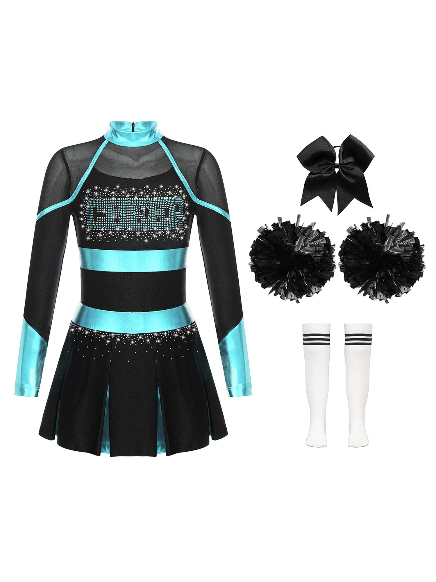 Haitryli Kids Girls Long Sleeve Cheerleading Dance Dress and Headwear Pom Pom Socks Halloween Cheer Leader Performance Outfits Blue Green&White 10