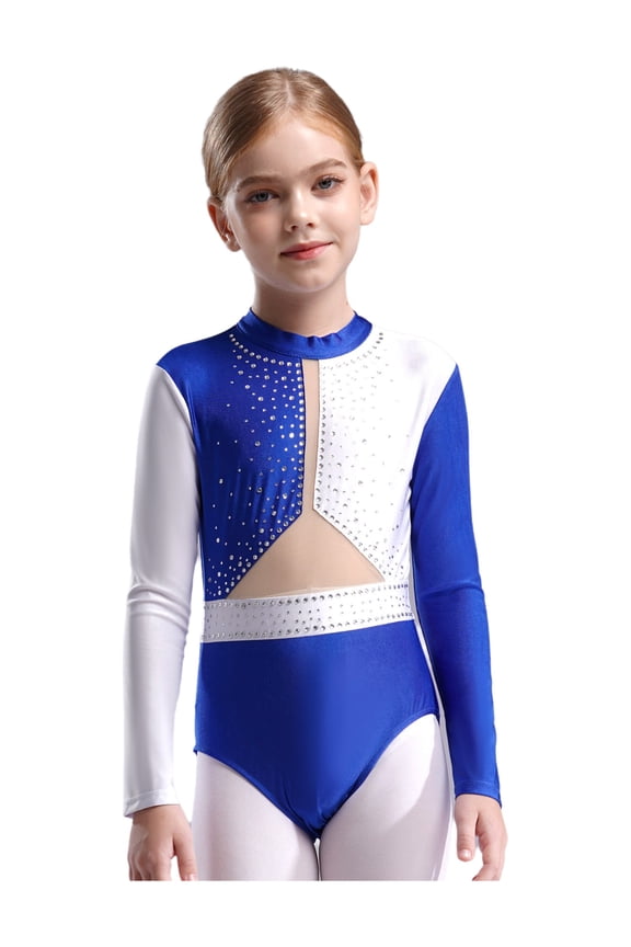 Kids Girls Long Sleeve Color Block Ballet Dance Gymnastics Leotard Biketard Athletic Bodysuit Activewear Blue 8