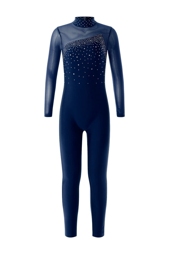 Kids Girls Long Sleeve Dance Gymnastics Leotard Unitard Full Body One Piece Skating Jumpsuit Navy Blue 6
