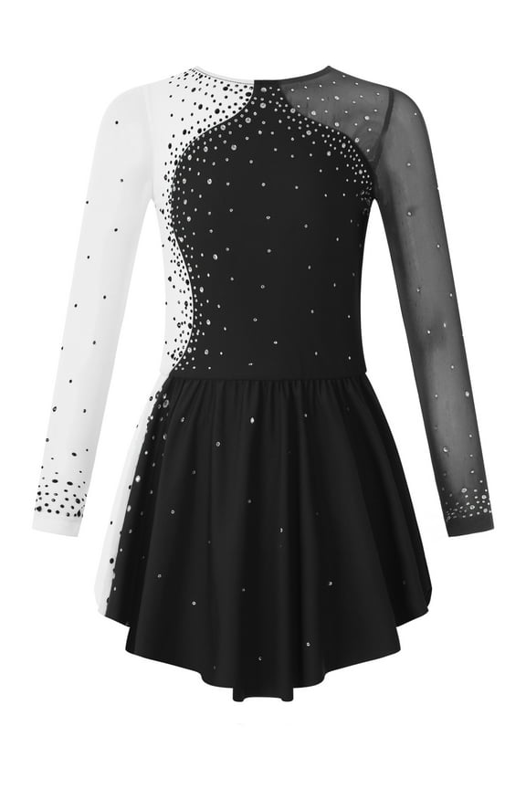 Kids Girls Long Sleeve Figure Ice Skating Dress Rhinestone Color Block Lyrical Dance Dress Competition Costume Black 6