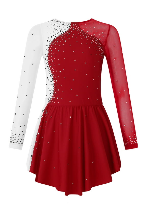 Kids Girls Long Sleeve Figure Ice Skating Dress Rhinestone Color Block Lyrical Dance Dress Competition Costume Burgundy 12