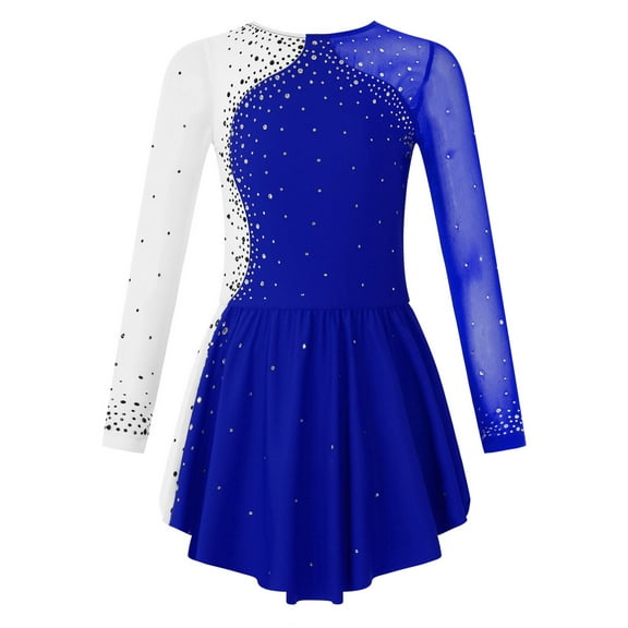 Haitryli Kids Girls Long Sleeve Figure Ice Skating Dress Rhinestone Color Block Lyrical Dance Dress Competition Costume Royal Blue 12