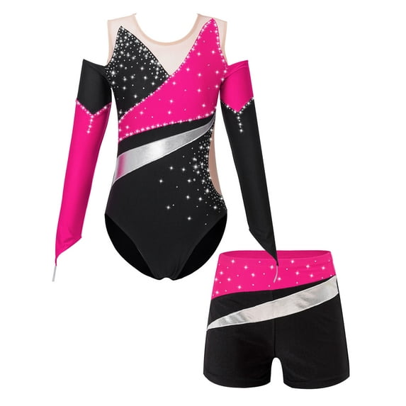 Haitryli Kids Girls Long Sleeve Gymnastic Leotard with Short Set Skating Dance Outfits Tracksuit Pink 12