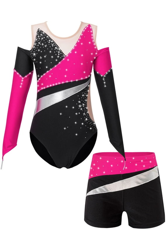 Kids Girls Long Sleeve Gymnastic Leotard with Short Set Skating Dance Outfits Tracksuit Pink 6