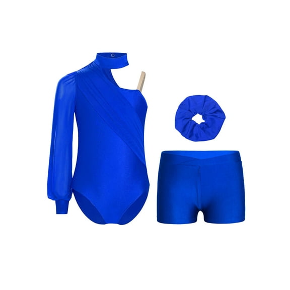 Haitryli Kids Girls Long Sleeve Gymnastics Leotard Ballet Dance Jumpsuit with Shorts and Hair Scrunchies Set Blue 6