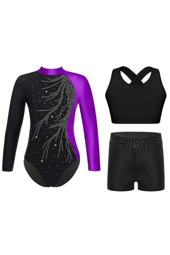 Kids Girls Long Sleeve Gymnastics Leotard Ballet Dance Unitard Jersey Bodysuit Vest with Athletic Shorts Set Purple 10