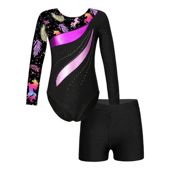 Haitryli Kids Girls Long Sleeve Gymnastics Leotard Shiny Rhinestones Printed Patchwork Ballet Dance Black 6