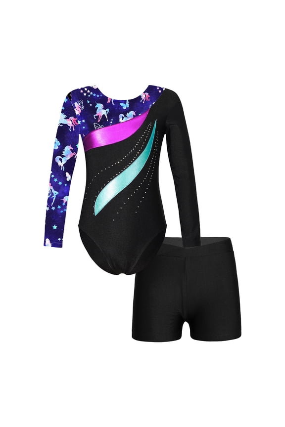 Kids Girls Long Sleeve Gymnastics Leotard Shiny Rhinestones Printed Patchwork Ballet Dance Navy Blue 4