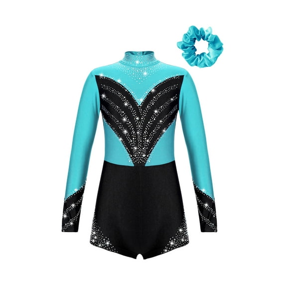 Haitryli Kids Girls Long Sleeve Gymnastics Leotard Shorty Jumpsuit Biketard Unitard with Scrunchies Set Dancewear Blue Green 8