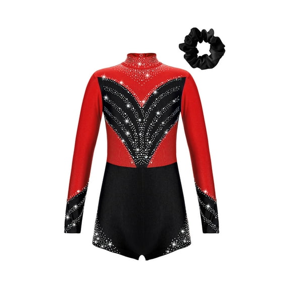 Haitryli Kids Girls Long Sleeve Gymnastics Leotard Shorty Jumpsuit Biketard Unitard with Scrunchies Set Dancewear Red&Black 8