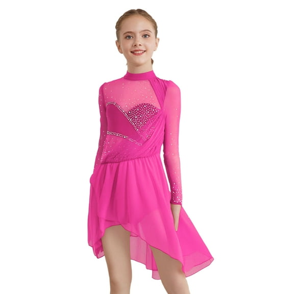 Haitryli Kids Girls Long Sleeve Lyrical Dance Dress Shiny Rhinestones Leotard with Wrap Skirt Ice Skating Dress Hot Pink 10