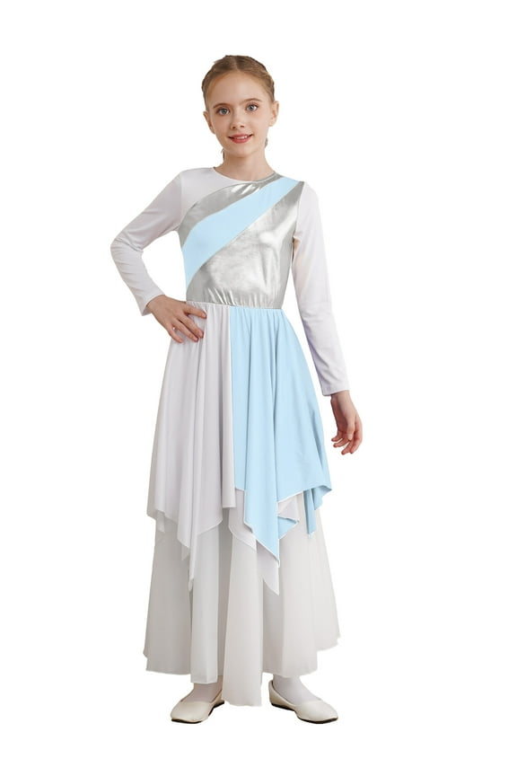Big Girls Kids Metallic Praise Dance Dresses Full Length Color Block Worship Ballet Modern Dancewear Light Blue 10