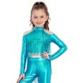 thumbnail image 1 of Haitryli Kids Girls Long Sleeve Sequins Ballet Jazz Hip Hop  Dance Crop Top Tassel Finger Holes Gymnastics Tee Shirt Blouse Light Blue 12, 1 of 7