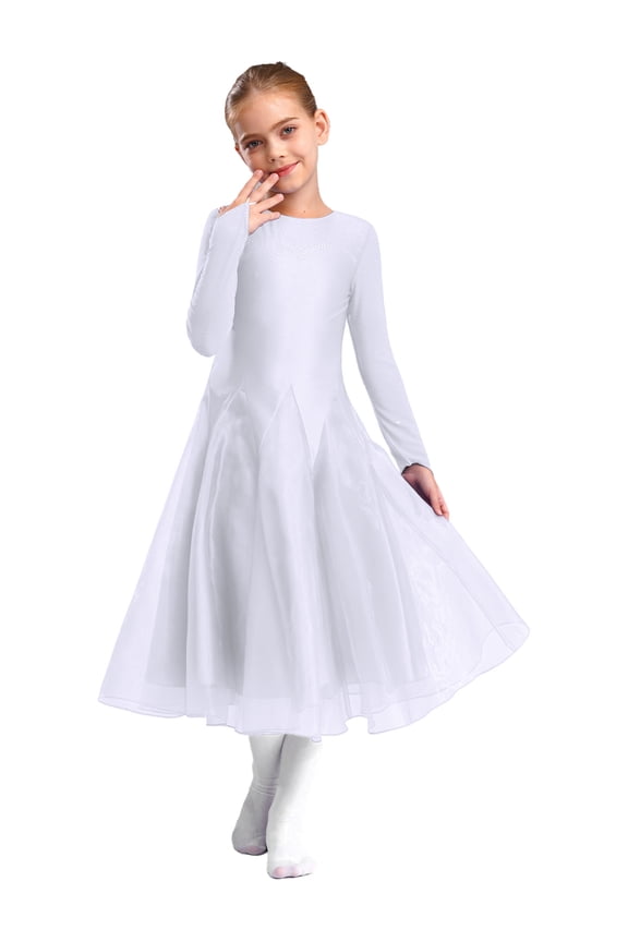 Kids Girls Long Sleeve Shiny Diamond Latin Rumba Samba Dance Dress Modern Ballroom Competition Dancewear White 16