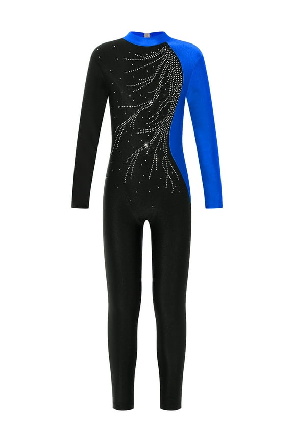 Kids Girls Long Sleeve Shiny Full Body Gymnastics Leotard Ballet Dance Jumpsuit Unitard Blue 6