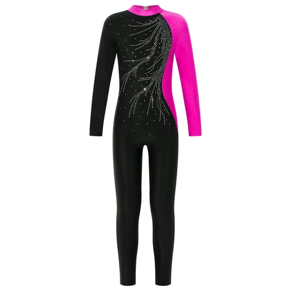 Haitryli Kids Girls Long Sleeve Shiny Full Body Gymnastics Leotard Ballet Dance Jumpsuit Unitard Hot Pink 10