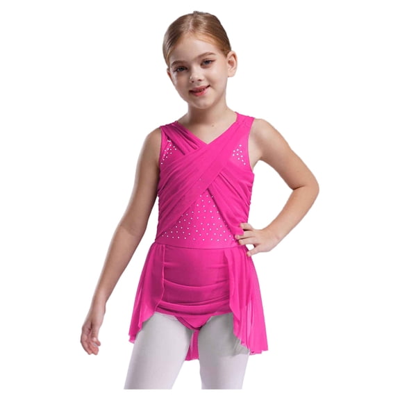 Haitryli Kids Girls Lyrical Contemporary Dance Dress Shiny Rhinestone Ballet Skirted Leotard Figure Skating Dress Hot Pink 10