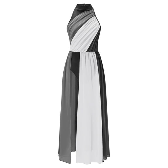 Haitryli Kids Girls Lyrical Dance Costume Color Block Mesh Tulle Flowy Maxi Long Dress Modern Contemporary Dancewear Black 6