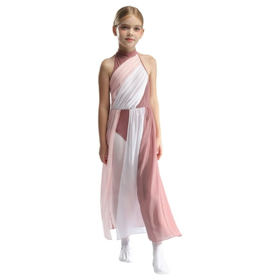 Haitryli Kids Girls Lyrical Dance Costume Color Block Mesh Tulle Flowy Maxi Long Dress Modern Contemporary Dancewear Dusty Pink 14