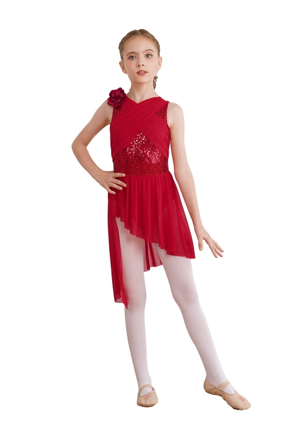 Kids Girls Lyrical Dance Costume Shiny Flower Ballet Gymnastics Leotard Dress Ballerina Dancewear Burgundy 8