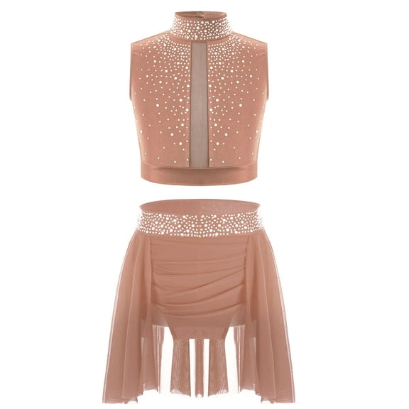 Haitryli Kids Girls Lyrical Dance Outfits Rhinestones Keyhole Back Crop Top Tutu Skirt Ballet Dance Dress Dusty Pink 8