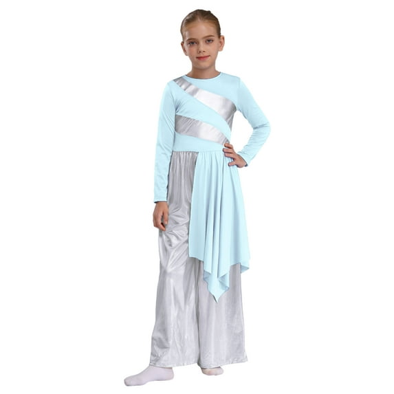 Haitryli Kids Girls Lyrical Praise Dance Bodysuit Metallic Patchwork Long Sleeve Irreguler Drape Liturgical Dancewear Light Blue 16